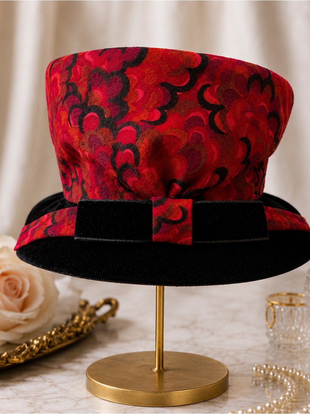 Rare Vintage Union Made USA Red Black Velvet  Retro Statement Church Bucket Hat